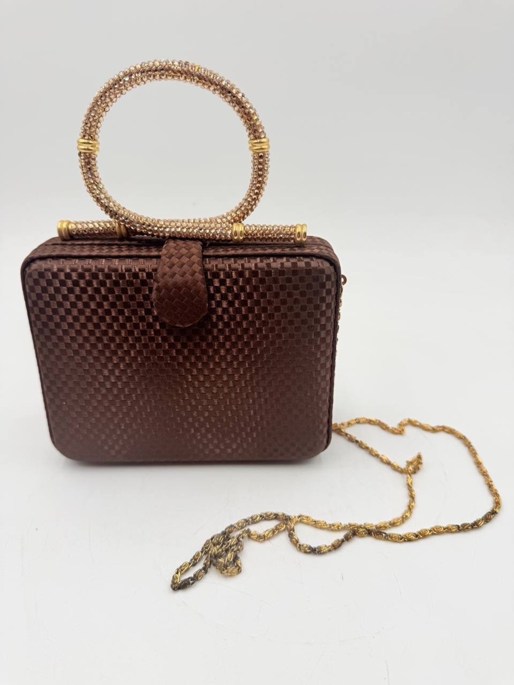 Letty Brown Satin Evening Bag Rhinestone Handle Gold Chain Clutch Purse